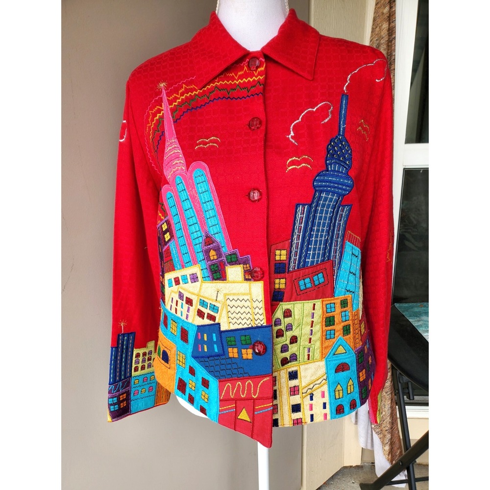 Pushpa Jacket Womens‎ Small Red Blue Cityscape Skyline Artwear Funky Travel Top